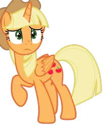 Size: 806x991 | Tagged: safe, artist:foxyfell1337, derpibooru import, applejack, alicorn, pony, alicornified, alternate hairstyle, applecorn, image, png, race swap, simple background, solo, transparent background