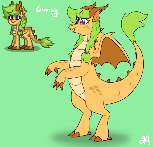 Size: 1101x1063 | Tagged: safe, artist:greenarsonist, derpibooru import, oc, oc:gumsy, unofficial characters only, dragon, pony, pony town, bipedal, braid, dragon oc, horns, image, png, solo, spread wings, standing, tooth, wings