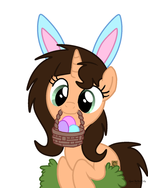 Size: 1118x1424 | Tagged: safe, artist:lynnthenerdkitty, artist:nerdy-pony, artist:small-brooke1998, derpibooru import, oc, oc:small brooke, pony, unicorn, basket, easter, easter basket, easter egg, holiday, image, png