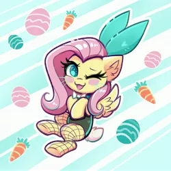 Size: 3175x3180 | Tagged: safe, artist:confetticakez, derpibooru import, fluttershy, pegasus, pony, :3, abstract background, blush sticker, blushing, bowtie, bunny suit, carrot, chibi, clothes, cute, easter, egg, female, fishnets, food, holiday, image, jpeg, looking at you, mare, one eye closed, open mouth, open smile, shyabetes, smiling, smiling at you, solo, wink