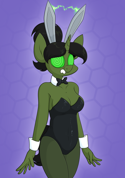 Size: 3000x4242 | Tagged: suggestive, artist:moonatik, derpibooru import, oc, oc:grim fate, unofficial characters only, anthro, pony, unicorn, alternate timeline, bowtie, breasts, bunny ears, bunny suit, clothes, cuffs (clothes), female, image, mare, mind control, new lunar millennium, nightmare takeover timeline, png, ponytail, solo, swirly eyes, tech control, tights