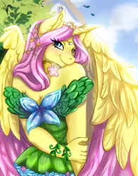 Size: 2480x3182 | Tagged: safe, artist:dorothea322, derpibooru import, oc, oc:princess fluttershy, alicorn, anthro, bird, alicorn oc, alternate character design, alternate hairstyle, alternate universe, au:friendship is kindness, bare shoulders, big breasts, blushing, breasts, colored wings, commission, element of kindness, female, flattened, horn, house, image, jewelry, looking at you, milf, png, ponyville, smiling, smiling at you, solo, story included, stupid sexy fluttershy, tiara, tree, two toned wings, wings, ych result