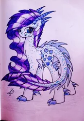 Size: 980x1419 | Tagged: safe, artist:eclast, derpibooru import, oc, oc:ameretie amethyst, unofficial characters only, dracony, hybrid, pony, female, image, interspecies offspring, jpeg, mare, offspring, parent:rarity, parent:spike, parents:sparity, solo, traditional art