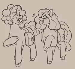 Size: 1076x1002 | Tagged: safe, artist:greenarsonist, derpibooru import, oc, oc:caramel cane, oc:lavender atlas, unofficial characters only, earth pony, pony, bag, earth pony oc, glasses, image, laughing, looking at each other, monochrome, png, saddle bag, sketch, smiling, smiling at each other, solo, younger