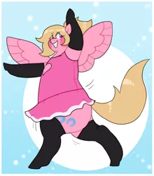 Size: 1154x1313 | Tagged: safe, artist:greenarsonist, derpibooru import, oc, oc:giggle, pegasus, pony, blushing, clothes, dancer, dancing, dress, eyeshadow, fat, female, image, makeup, pegasus oc, png, smiling, socks, solo, spread wings, wings