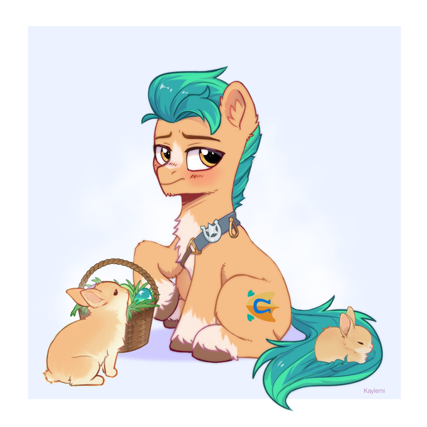 Size: 2000x2000 | Tagged: safe, artist:kaylemi, derpibooru import, hitch trailblazer, earth pony, pony, rabbit, animal, basket, blushing, chest fluff, critter magnet, cute, ear fluff, easter, easter bunny, easter egg, g5, high res, hitchbetes, holiday, image, male, png, sitting, solo, stallion