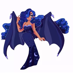 Size: 800x800 | Tagged: safe, artist:orphicswanart, derpibooru import, princess luna, human, bat wings, clothes, dress, female, hair over one eye, humanized, image, jpeg, simple background, solo, white background, winged humanization, wings