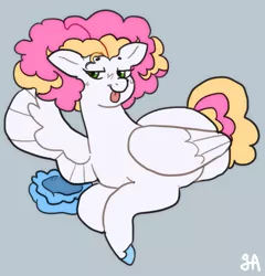 Size: 963x1005 | Tagged: safe, artist:greenarsonist, derpibooru import, oc, oc:sweet hearts💕, unofficial characters only, pegasus, pony, bonnet, image, lying down, morning, pegasus oc, png, poofy mane, solo, tongue out, wings