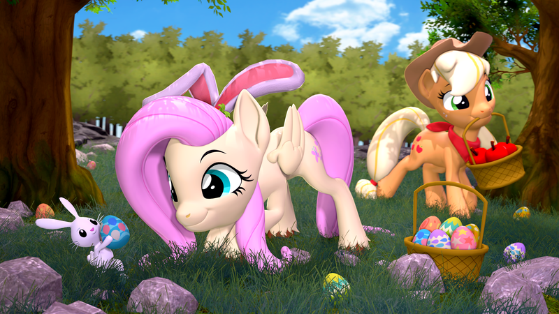 Size: 3840x2160 | Tagged: safe, artist:owlpirate, derpibooru import, angel bunny, applejack, fluttershy, earth pony, pegasus, pony, rabbit, 3d, 4k, animal, apple, appleshy, basket, bunny ears, easter egg, female, food, high res, image, lesbian, male, mare, mouth hold, png, shipping, smiling, source filmmaker, unshorn fetlocks