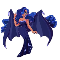 Size: 800x800 | Tagged: safe, artist:orphicswanart, derpibooru import, princess luna, human, bat wings, clothes, dress, female, hair over one eye, humanized, image, png, simple background, solo, white background, winged humanization, wings