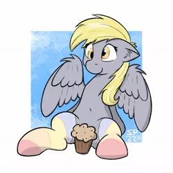 Size: 1222x1223 | Tagged: suggestive, artist:single purpose, derpibooru import, derpy hooves, pegasus, pony, censored, clothes, food, image, jpeg, muffin, simple background, socks, solo, strategically covered, striped socks, white background