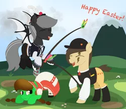 Size: 2371x2055 | Tagged: safe, artist:dyonys, derpibooru import, oc, oc:angelo, oc:lucky brush, oc:night chaser, bat pony, earth pony, pony, clothes, czech republic, easter, face down ass up, fangs, female, flying, folk, freckles, hat, holiday, image, laughing, male, mare, outdoors, png, scar, stallion, standing