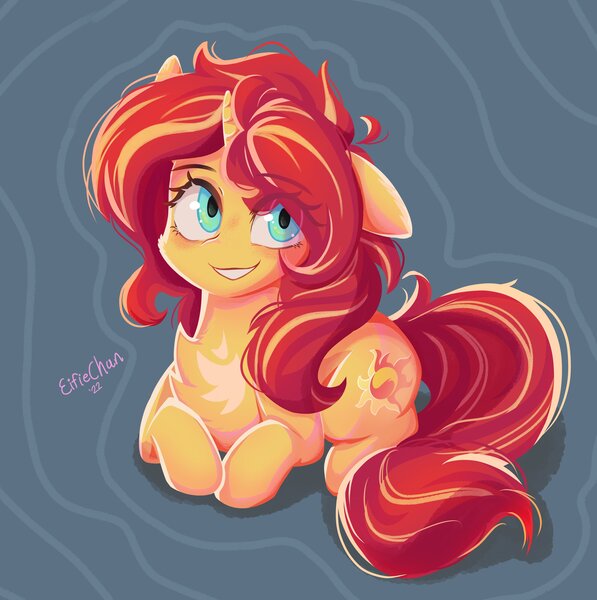 Size: 3616x3637 | Tagged: safe, artist:katakiuchi4u, derpibooru import, sunset shimmer, pony, unicorn, chest fluff, eye clipping through hair, eyebrows, eyebrows visible through hair, female, image, jpeg, looking at you, lying down, one ear down, smiling, solo
