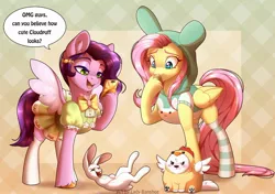 Size: 2194x1543 | Tagged: safe, artist:_ladybanshee_, artist:lady--banshee, derpibooru import, angel bunny, cloudpuff, fluttershy, pipp petals, pegasus, pony, clothes, costume, cute, dress, ear fluff, easter, fetlock tuft, g5, holiday, hoodie, image, jpeg, laughing, phone, socks, unshorn fetlocks