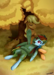 Size: 1200x1659 | Tagged: safe, artist:sa1ntmax, derpibooru import, applejack, rainbow dash, earth pony, pegasus, pony, appledash, applejack's hat, autumn, cowboy hat, duo, duo female, eyes closed, female, happy, hat, image, lesbian, lying, lying down, mare, on back, on top, open mouth, open smile, png, pointing, shipping, smiling, tree, under the tree, wings