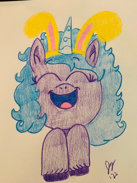 Size: 3024x4032 | Tagged: safe, derpibooru import, izzy moonbow, unicorn, my little pony: a new generation, bunny ears, colored pencil drawing, colored pencils, easter, easter bunny, g5, happy easter, holiday, image, jpeg, traditional art