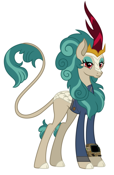 Size: 5000x7634 | Tagged: safe, artist:ponygamer2020, derpibooru import, rain shine, kirin, fallout equestria, sounds of silence, absurd resolution, clothes, cloven hooves, eyeshadow, fallout, female, image, jumpsuit, leonine tail, lidded eyes, makeup, pipboy, png, simple background, smiling, solo, tail, transparent background, vault suit, vector