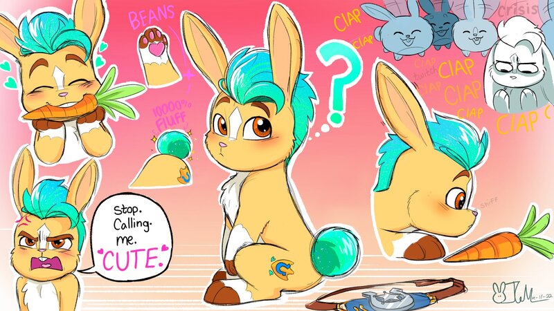 Size: 1920x1080 | Tagged: safe, artist:justinmacklis, derpibooru import, hitch trailblazer, rabbit, animal, blushing, bunnified, carrot, cute, dialogue, eating, eyes closed, food, g5, hitchbetes, i'm not cute, image, jpeg, looking at you, male, paws, question mark, sitting, smiling, sniffing, species swap, underpaw