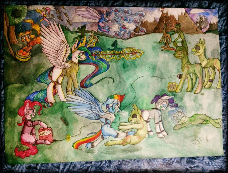 Size: 875x662 | Tagged: safe, artist:pessadie, derpibooru import, pinkie pie, princess celestia, rainbow dash, alicorn, earth pony, pegasus, pony, undead, unicorn, zombie, zombie pony, female, image, jpeg, mare, traditional art