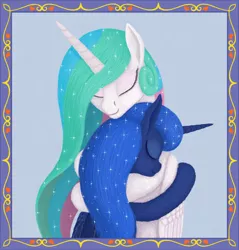 Size: 1636x1713 | Tagged: safe, artist:xodok, derpibooru import, princess celestia, princess luna, alicorn, pony, series:ponyashnost, female, frame, hug, image, png, siblings, sisters, smiling