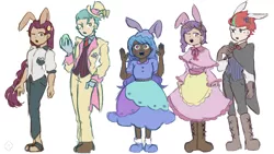 Size: 1920x1080 | Tagged: safe, artist:metaruscarlet, derpibooru import, hitch trailblazer, izzy moonbow, pipp petals, sunny starscout, zipp storm, human, belt, boots, bowtie, bunny ears, clothes, coat, dark skin, dress, easter, easter bunny, easter egg, egg, feet, female, floral head wreath, flower, flower in hair, g5, gloves, hat, holiday, humanized, image, male, mane five (g5), monocle, necktie, one eye closed, open mouth, pants, png, pocket watch, sandals, shirt, shoes, simple background, skirt, socks, suit, top hat, vest, white background, wink