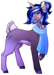 Size: 1252x1739 | Tagged: safe, artist:purplegrim40, derpibooru import, oc, unofficial characters only, deer, unideer, blue eyes, blue nose, clothes, cloven hooves, colored ears, colored hooves, facial markings, full body, gradient coat, horn, image, looking back, markings, pale belly, png, raised hoof, scarf, simple background, solo, transparent background, two toned mane
