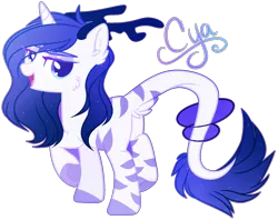 Size: 1706x1350 | Tagged: safe, artist:purplegrim40, derpibooru import, oc, unofficial characters only, hybrid, pony, antlers, base used, blue mane, blue tail, body markings, cheek fluff, colored hooves, dock, dock fluff, ear fluff, eye clipping through hair, firealpaca, horn, image, jewelry, leonine tail, lidded eyes, looking at you, looking back, looking back at you, open mouth, png, raised hoof, ring, simple background, smiling, solo, tail, tail ring, transparent background, white coat