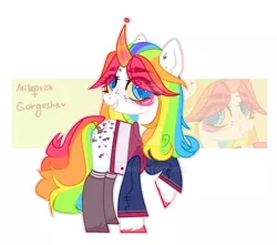 Size: 1920x1695 | Tagged: safe, artist:dillice, derpibooru import, oc, unofficial characters only, pony, unicorn, curved horn, deviantart watermark, eye clipping through hair, eyelashes, grin, horn, image, jpeg, multicolored hair, obtrusive watermark, rainbow hair, raised hoof, smiling, unicorn oc, watermark, zoom layer