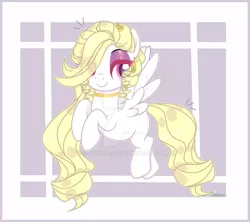 Size: 1600x1420 | Tagged: safe, artist:dillice, derpibooru import, oc, unofficial characters only, pegasus, pony, abstract background, choker, commission, eyelashes, female, flying, hair over one eye, image, jpeg, mare, pegasus oc, smiling, solo, wings, ych result