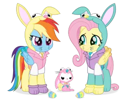 Size: 2000x1600 | Tagged: safe, artist:spookitty, derpibooru import, angel bunny, fluttershy, rainbow dash, pegasus, pony, rabbit, animal, animal costume, bunny costume, bunny ears, bunny suit, bunnyshy, clothes, costume, cute, easter, easter egg, egg, female, grumpy, happy, happy easter, holiday, image, png
