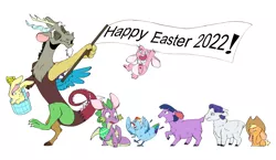 Size: 7749x4500 | Tagged: safe, artist:chub-wub, derpibooru import, applejack, discord, fluttershy, pinkie pie, rainbow dash, rarity, spike, twilight sparkle, bird, chicken, draconequus, dragon, rabbit, sheep, 2022, animal, applejack's hat, basket, bunny ears, cowboy hat, easter, easter egg, exclamation point, eyes closed, female, flag, happy easter, hat, holiday, image, jpeg, lamb, male, mane seven, mane six, open mouth, simple background, species swap, varying degrees of want, white background