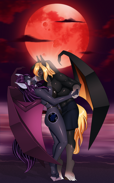 Size: 2000x3200 | Tagged: suggestive, artist:chacrawarrior, derpibooru import, oc, oc:indigo rose, oc:rege liliac, unofficial characters only, anthro, bat pony, pony, unguligrade anthro, anthro oc, bat pony oc, bat wings, beach, bikini, blood moon, clothes, commission, couple, digital art, female, full moon, gift art, holding hands, image, kissing, male, mare, moon, night, oc x oc, png, shipping, stallion, swimming trunks, swimsuit, water, wings