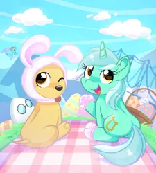 Size: 1636x1818 | Tagged: safe, artist:rainbow eevee, derpibooru import, lyra heartstrings, dog, pony, unicorn, 2022, adopt me!, adoption island, barely pony related, basket, bridge, brown eyes, building, bunny ears, bunny feet, butt, clothes, cloud, cutie mark, digital art, easter, easter basket, easter egg, egg (food), eggburt, eyelashes, female, food, happy, holiday, hoodie, image, one eye closed, open mouth, orange eyes, paw pads, plot, png, roblox, silhouette, sitting, sky, tongue out, two toned mane