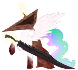 Size: 1959x1766 | Tagged: safe, artist:dyonys, derpibooru import, princess celestia, alicorn, pony, series:horrorverse, blood, clothes, great knife, image, knife, magic, png, pyramid head, silent hill, simple background, skirt, spread wings, sword, transparent background, weapon, wings