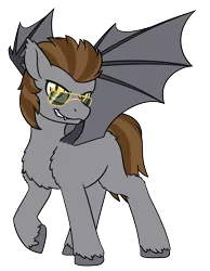 Size: 1500x1937 | Tagged: safe, artist:mynder, derpibooru import, oc, oc:devin, unofficial characters only, bat pony, pony, bat pony oc, bat wings, cool, cute, cute little fangs, fangs, image, looking at you, male, png, ray-ban, reflection, simple background, smiling, solo, stallion, sunglasses, white background, wings