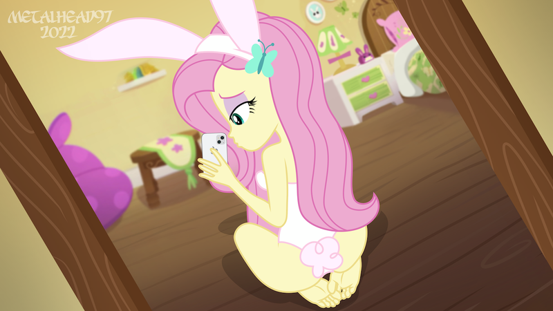 Size: 1280x720 | Tagged: questionable, artist:metalhead97, derpibooru import, fluttershy, equestria girls, equestria girls series, animal costume, barefoot, bed, bedroom, bedroom eyes, breasts, bunny costume, bunny ears, bunnyshy, butt, clothes, costume, ears, easter, easter bunny, feet, floppy ears, flutterbutt, holiday, image, kneeling, legs, phone, png, pose, presenting, show accurate, small breasts, solo