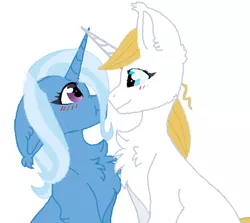Size: 600x535 | Tagged: safe, artist:decokelow, derpibooru import, prince blueblood, trixie, pony, unicorn, base used, blushing, boop, chest fluff, crossed horns, ear fluff, female, flushed face, horn, horns are touching, image, looking at each other, looking at someone, male, mare, messy mane, png, simple background, sitting, smiling, stallion, white background