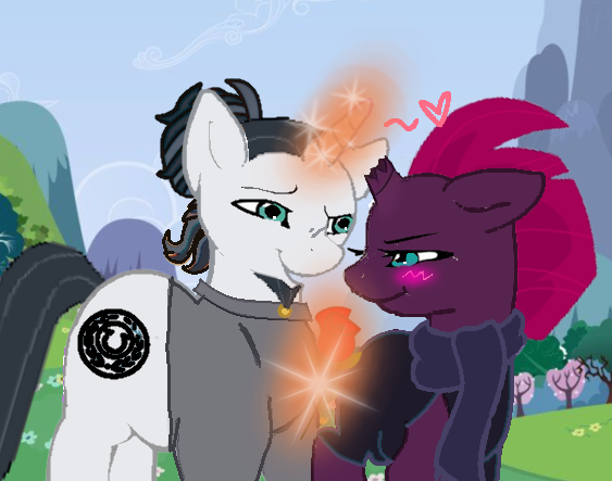 Size: 563x443 | Tagged: safe, artist:decokelow, derpibooru import, chancellor neighsay, fizzlepop berrytwist, tempest shadow, pony, unicorn, aura, base used, blushing, clothes, female, flower, heart, image, looking at each other, looking at someone, male, mare, outdoors, png, raised eyebrow, rose, scarf, shirt, squint, stallion, tunic, walking