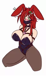 Size: 1500x2500 | Tagged: suggestive, artist:draconightmarenight, derpibooru import, oc, oc:katilie, human, accessories, animal costume, big breasts, bondage, breasts, bunny costume, bunny ears, clothes, collar, costume, easter bunny, egg, image, jpeg, rope, rope bondage, solo, thicc thighs