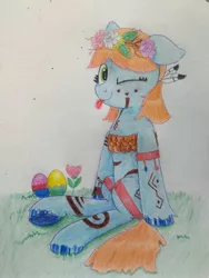 Size: 3000x4000 | Tagged: safe, artist:syndyfon, derpibooru import, oc, oc:princess elonrie, :p, easter, easter egg, feather, floral head wreath, flower, holiday, image, jpeg, one eye closed, tongue out, traditional art, wink
