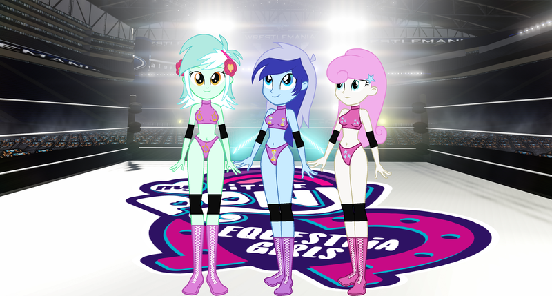 Size: 3330x1785 | Tagged: safe, artist:invisibleink, derpibooru import, lyra heartstrings, minuette, twinkleshine, equestria girls, belly button, breasts, clothes, elbow pads, female, image, knee pads, png, sports, sports bra, sports panties, wrestler, wrestling, wrestling ring