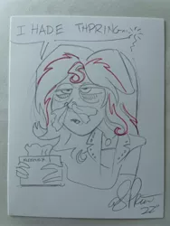 Size: 3024x4032 | Tagged: source needed, safe, artist:andypriceart, derpibooru import, sunset shimmer, human, allergies, bags under eyes, image, jpeg, sketch, solo, tissue, tissue box, traditional art