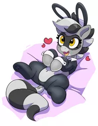Size: 2335x3000 | Tagged: safe, artist:pabbley, derpibooru import, oc, oc:bandy cyoot, unofficial characters only, hybrid, pony, raccoon, raccoon pony, belly button, bunny ears, bunny suit, clothes, cute, female, floating heart, heart, image, jpeg, lying down, mare, ocbetes, on back, open mouth, open smile, reverse bunny suit, simple background, smiling, solo, underhoof, white background