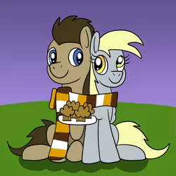 Size: 1600x1600 | Tagged: safe, artist:platinumdrop, derpibooru import, derpy hooves, doctor whooves, time turner, earth pony, pegasus, pony, clothes, doctorderpy, duo, female, food, image, male, muffin, png, request, scarf, shared clothing, shared scarf, shipping, straight, striped scarf