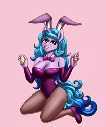Size: 1500x1800 | Tagged: suggestive, artist:zachc, derpibooru import, izzy moonbow, anthro, unicorn, bowtie, breasts, bunny ears, bunny suit, clothes, easter egg, female, g5, high heels, image, pantyhose, png, shoes, solo
