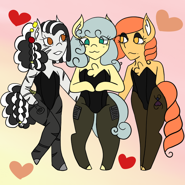 Size: 2048x2048 | Tagged: safe, artist:mintymelody, derpibooru import, oc, oc:light bright, oc:rainbow ribbon, oc:zurina, anthro, earth pony, pegasus, zebra, bunny suit, clothes, crossdressing, image, png, socks, stockings, thigh highs