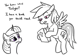 Size: 708x516 | Tagged: safe, artist:jargon scott, derpibooru import, rainbow dash, twilight sparkle, pegasus, pony, unicorn, bible, black and white, christianity, cross, cross necklace, dialogue, female, frown, grayscale, hoof hold, image, jewelry, lidded eyes, lineart, mare, monochrome, necklace, neo noir, partial color, png, simple background, unicorn twilight, white background