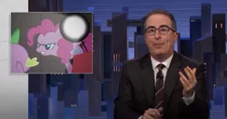 Size: 1391x729 | Tagged: safe, derpibooru import, screencap, pinkie pie, spike, dragon, earth pony, human, pony, party of one, image, interrogation, irl, irl human, john oliver, jpeg, last week tonight, photo, picture in picture, youtube link in the description