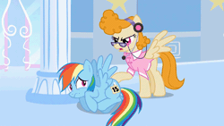 Size: 1920x1080 | Tagged: safe, derpibooru import, screencap, rainbow dash, pegasus, pony, sonic rainboom (episode), cloud, cloudsdale, duo, duo female, female, gif, image, out of context, spread wings, wings