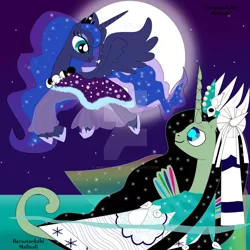 Size: 1024x1024 | Tagged: safe, artist:herumankahi, derpibooru import, princess luna, oc, alicorn, sea pony, image, jpeg, night, ocean, water